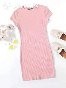 Women's Crew Neck Sleeve Summer Ribbed Lycra Basic Dress - Pink - View 1