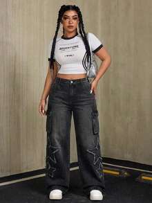 Women's Loose Washed Black Denim Jeans, Plus Size Long Straight Leg Jeans, With Pockets And Zipper, Non-Stretch, Vintage Distressed Style, Suitable For Casual Daily Wear - Black - View 7