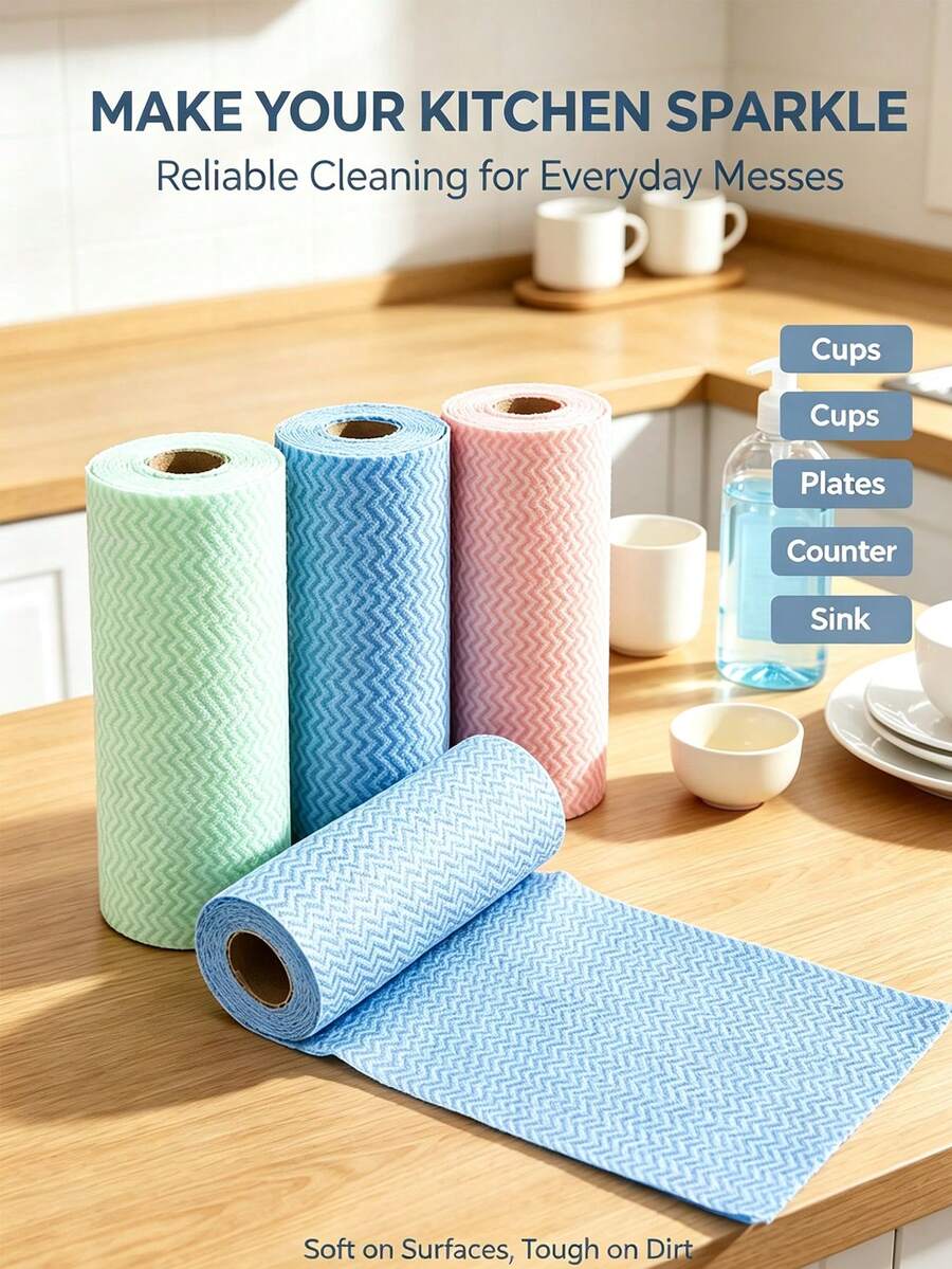Slouchy Person Disposable Cleaning Cloth Roll, 50/200pcs 25*30cm Thickened Non-Woven Fabric, Kitchen Dishwashing Oil-Absorbing Cloth, Dry And Wet Use, Bathroom, Car, Stove Top Universal Reusable Scouring Pad - Multicolor - View 1