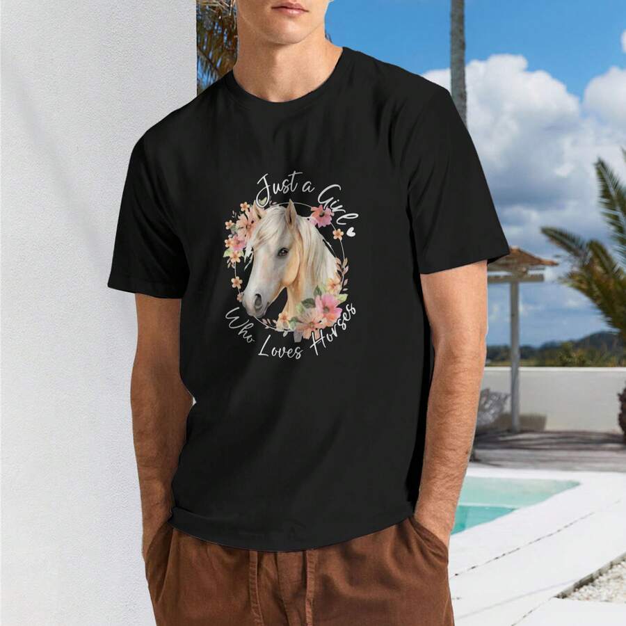 Just A Girl Who Loves Horses Cute Horse Lover Flower ShirtEssential Unisex Jersey Tee Timeless Slim Fit Streetwear Style - Shape - View 1