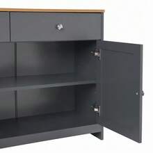 Grey And Black Sideboard With Wood Grain, Four Doors, Three Drawers, Living Room, Dining Room. Wood Color And Grey-Black - Grey - View 8