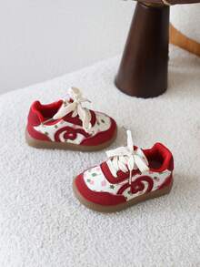 1 Pair Baby Girls' Retro Floral Soft Sole Casual Sneakers, Versatile Board Shoes - Red - View 3