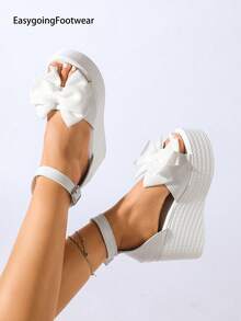 Women's Bow Open Toe Wedge Platform Sandals, Peep Toe Back Strap Ankle Buckle, Suitable For Outdoor, Party, Gathering - White - View 3