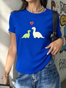 Dos adorables dinosaurios de colores mirándose con un corazón rojo simbolizan ternura y amor eterno camiseta de mujer 100% algodón suave y cómoda para uso diario Y2k Camiseta Camisa De - Azul - Ver 1