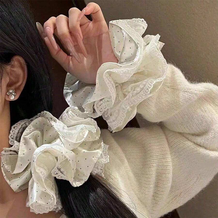 1pc Satin Polka Dot Double Layer Lace Trim Hair Scrunchie, Elegant Bun Hair Tie - Multicolor - View 1