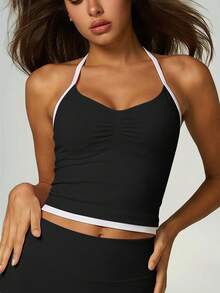UONNOU 1pc Women's All-Season Spaghetti Strap Camisole, Shaping, Adjustable Straps, Removable Padding, Sporty Style, Black, Summer - Black - View 5