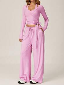 TimeOff Women's One Set Solid Color Cross Wrap Tie Waist Long Sleeve Cover Up With Elastic Drawstring Side Pockets Wide Leg Pants - Pink - View 8