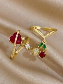 1Pc/Set Sweet Cute Cherry Charm Heart Red Zirconia Open Ring Gold Jewelry Set,For Women,Daily,Party,Anniversary,Valentine Birthday Gifts,Christmas,Y2K - Multicolor - View 3