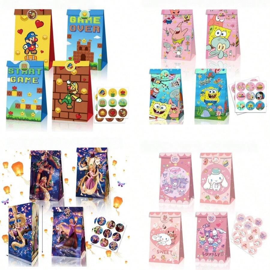 100pcs Multi-Theme Birthday & Holiday Gift Bags Set, Includes Cute Party Gift Bags And Tote Gift Bags, Suitable For Birthdays, Events And Celebrations, Includes 12 Paper Bags And 18 Stickers, Suitable For Fans - Style E - View 1