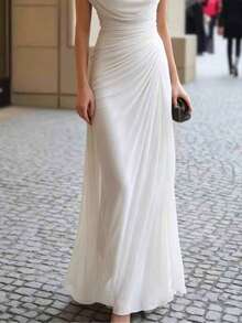 Vestido de fiesta elegante con pliegues y escote drapeado novedad 2026, diseño versátil para look informal y eventos - Blanco - Ver 5
