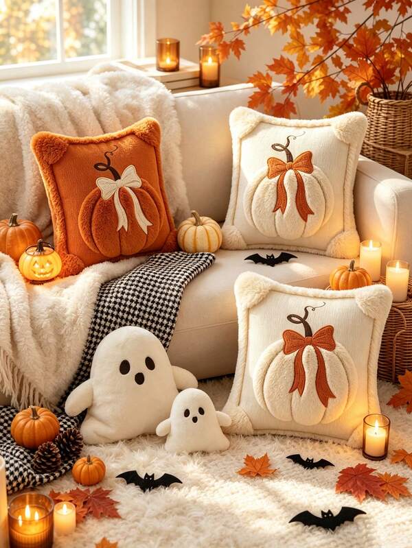 Autumn 3D Jacquard Pumpkin Pillowcase Decor, Faux Fur Halloween Throw Pillow Cover, Comfortable Modern Home Style, Pumpkin Bow Design, Suitable For Country Style Sofa, Bedroom, Living Room And Holiday Decoration