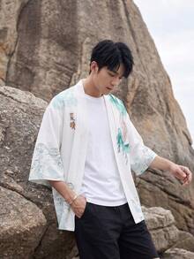New Chinese Style Elegant Green Dragon Print 3/4 Sleeve Kimono Cardigan Men's Loose Fit Vintage Jacket - White - View 3