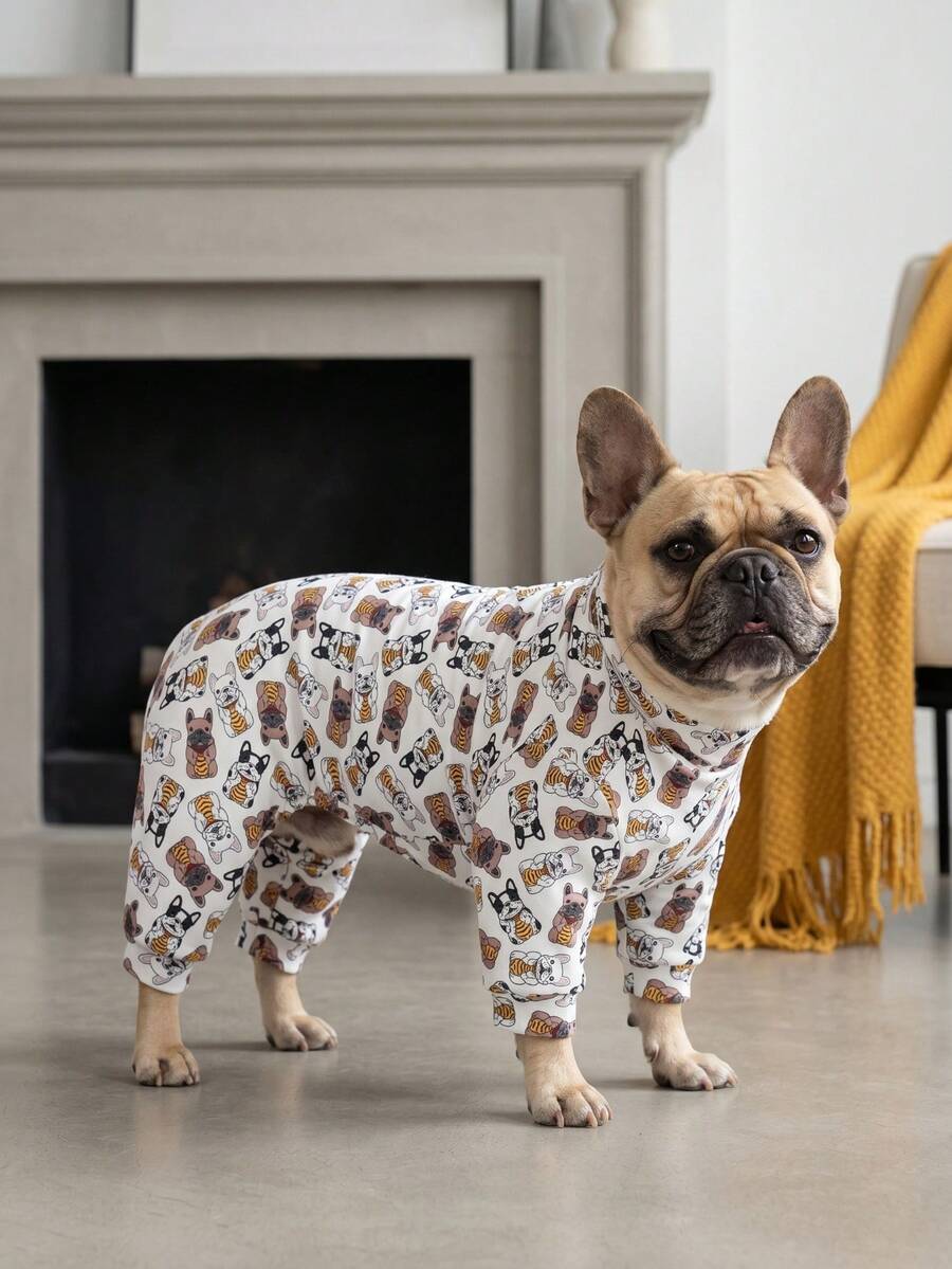 1PC Dog Shedding Hair Control Pajamas - Warm High Stretch Full Coverage Pet Rompers, Anti Licking & Bug Protective Jumpsuit For Small Medium Large Dogs, All Over Printing Dog Clothes - Cute Cartoon Bulldogs Pattern - Multicolor - View 1