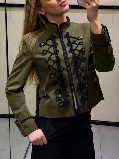 2026 New Woven Women's Jacket Elegant Casual Design Metal Buttons Contrast Color Frog Fastener Lace Trim Long Sleeve Cropped Design Elegant Daily Casual Women's Napoleon Jacket Coat