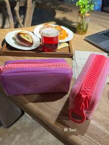 1pc Dopamine Color Jelly PVC Pencil Case, Large Zipper Transparent Pencil Pouch, Makeup Storage Bag - Multicolor - View 2