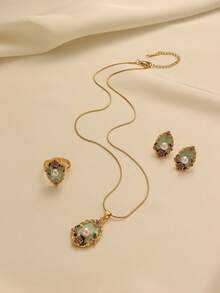 1 Set Mint Green Faux Pearl Decorated Elegant Jewelry Set - Necklace, Earrings, Ring, 3-Piece Daily Accessory Set For Women - Yellow Gold - View 2