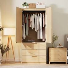 70 Inch Wooden Wardrobe Armoire Bedroom Storage Cabinet Freestanding Closet With Three Drawers Hanging Rod Adjustable Shelves Large Capacity Furniture Natural Oak - Natural - View 7