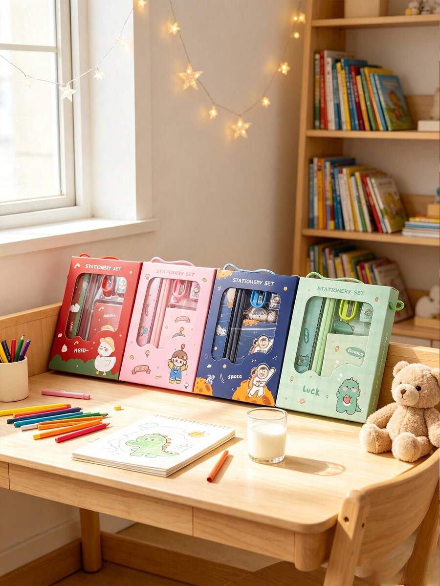 Stationery Gift Set Includes Notebook, Pencil, Ruler, Pencil Sharpener, Eraser And Other Complete Learning Supplies, Meeting Students' Daily Writing And Drawing Needs. 4 Cute Cartoon IP Designs (Astronaut / Rabbit / Duck / Dinosaur), Combining Aesthetics And Practicality, With Portable Gift Box Packaging For Easy Carrying. Perfect For Birthday, Party Gifts, School Rewards And Daily Use. Cute Design, Lightweight Material, Smooth Touch - Multicolor - View 1