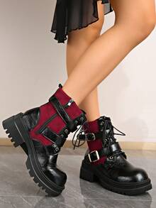 Black & Red Colorblock Boots For Women, Double Metal Buckle Thick Sole Height-Increasing Motorcycle Ankle Boots, Punk Style Lace-Up Side Zipper Fashion Boots - Burgundy - View 3