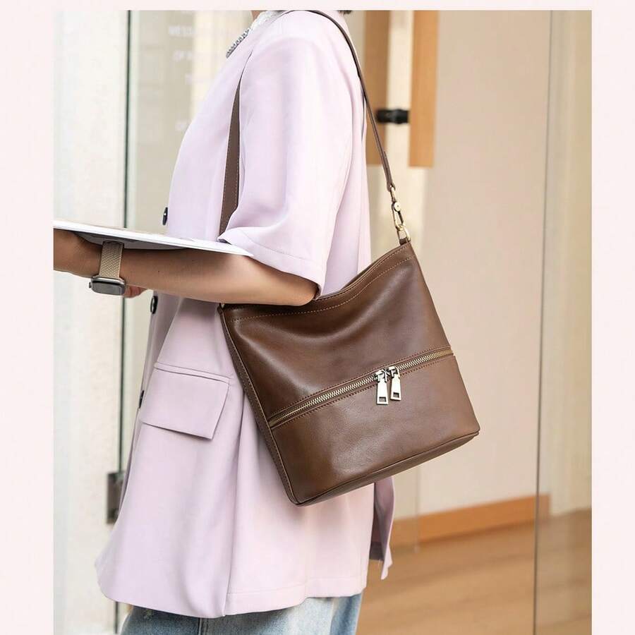 Neue Damenhandtasche aus hochwertigem, pflanzlich gegerbtem Rindsleder, geräumige Bucket-Bag im Vintage-Stil, echte Leder-Umhängetasche und Unterarmtasche. - Schwarz - Übersicht 1