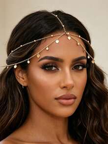 1 pieza Accesorio para el cabello de cadena de cabeza con colgante de borla en forma de corazón, estilo bohemio de vacaciones, cadena de strass multicapa - Dorado - Ver 2
