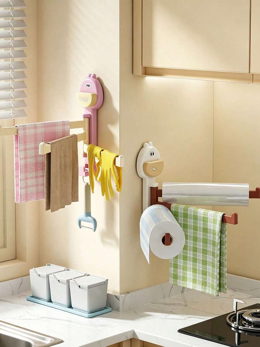 10pcs/1pc Suction Cup Wall-Mounted Kitchen Cloth Storage Rack, 3-Tier Rotating Towel Rack With Drainage, Multi-Functional Home Storage Rack, Hollow Drainage Design, Space-Saving Plastic Kitchen Bathroom Daily Storage Accessories
