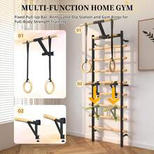 UNIONLINE Wall Mounted Swedish Ladder With Pull Up Bar & Gym Rings | Multi-Functional Home Physio Workout Station, Wall-Mounted Swedish Ladder Gym Equipment, Pull Up Bar And Wooden Rings - Black - View 4