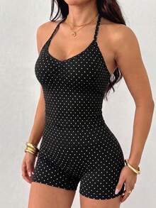 2pcs Polka Dot Halter Neck Backless Top + High Waist Hip-Hugging Shorts Fitness Yoga Set - Black - View 2