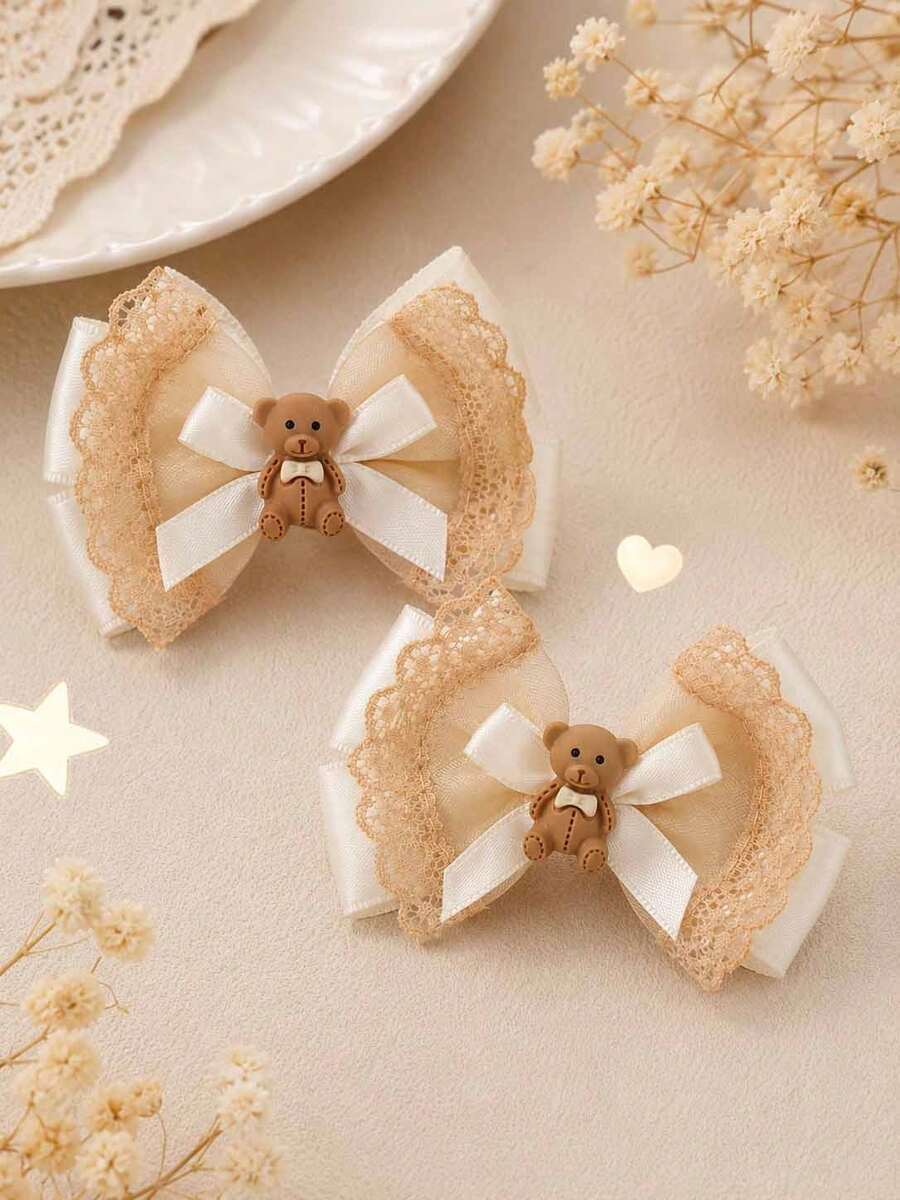 2pcs Beige Lace Bow Hair Clips With Cartoon Bear Decor, Satin Ribbon Knot Alligator Clips, Vintage Sweet Daily Hair Accessories For Girls - Multicolor - View 1