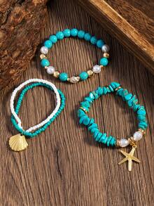 1 Set Artificial Turquoise Beaded Bohemian Ocean Style Bracelet Set - Style Thirteen - View 3
