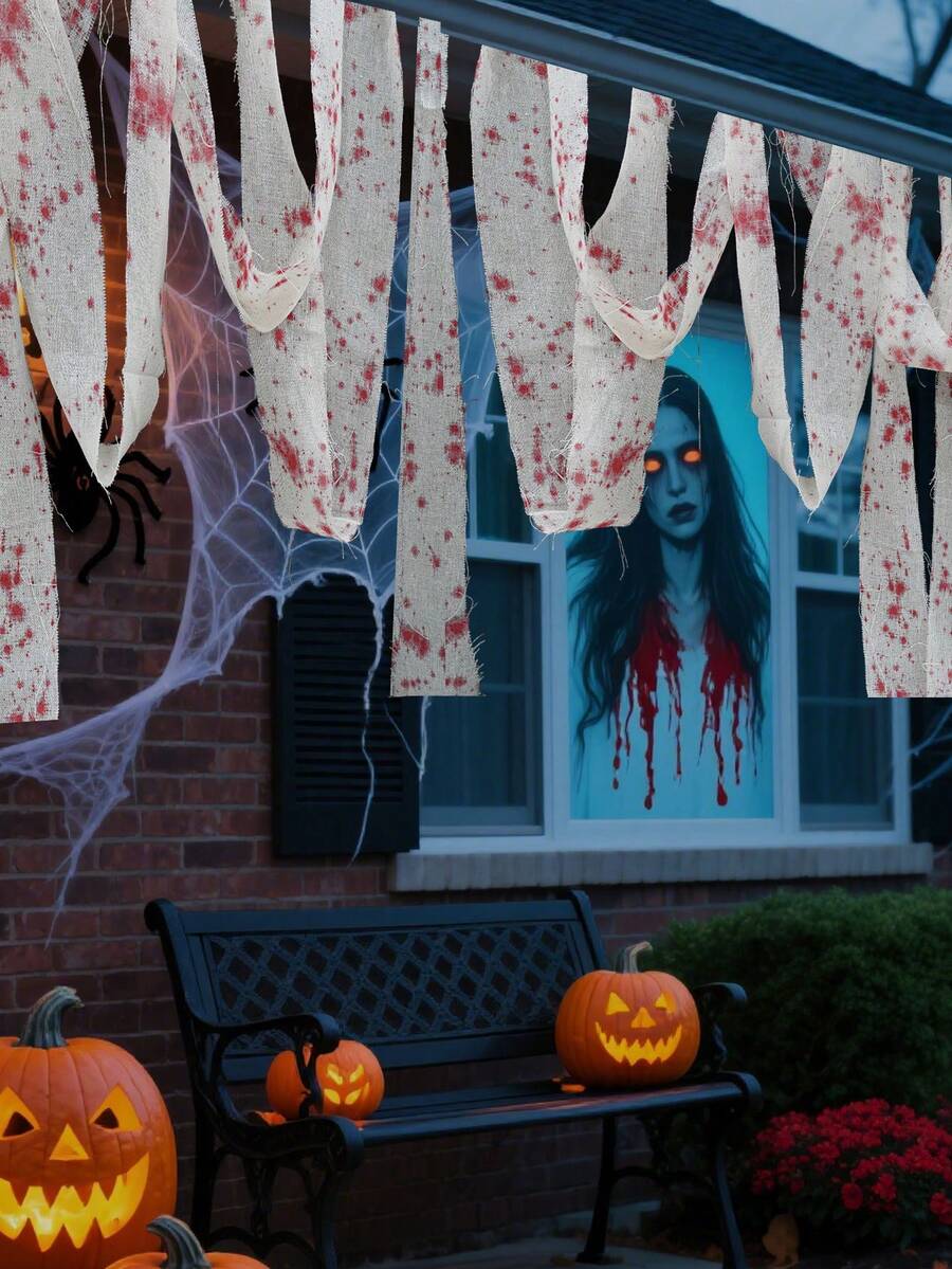 Blood-Stained Decorative Gauze Ribbon, Soft And Breathable Fabric, Dual-Purpose, Suitable For Cosplay Wound Props And Home Window/Ceiling Hanging Decor, Ideal For Home Decor Enthusiasts, Used For Entryway, Basement And Halloween Themed Home Decoration
