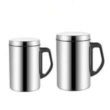 1pc Double Wall Insulated Mug With Handle And Lid, Heat-Resistant Anti-Scald Cup, All-Season Office Mug - Silver - View 2