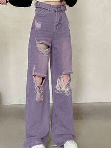 Women's Casual Loose Fit Distressed Wide Leg Jeans With Pockets (Random Stitching) Spring Fall - Purple - View 2