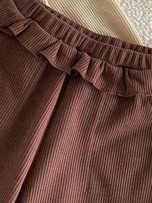Baby Girls' Corduroy Mushroom Embroidery Set, New Style Long Sleeve Top & Wide Leg Pants 2pcs, Sweet Ruffle Design + Cute Mushroom Embroidery, Soft Skin-Friendly Corduroy Fabric, Round Neck Half-Button Front For Easy On/Off, Loose Wide Leg Pants For Unrestricted Movement - Apricot - View 6