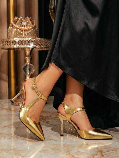Gold Glitter Faux Leather Pointed Toe Slingback High Heel Pumps, Pearl Bow Decor Women's Formal Shoes