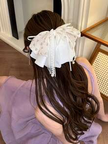 1pc Multi-Layer Purple Floral Chiffon Bow Ponytail Hair Clip With Flowing Ribbon, Sweet And Elegant Fashion Hair Accessory For Women - Multicolor - View 2
