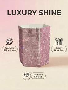 Luxury Rhinestone Makeup Brush Holder & Pen Organizer - Hexagonal Crystal Desktop Storage For Vanity, Office, And Dorm Decor (Pink/Gold/Silver) - Multicolor - View 7