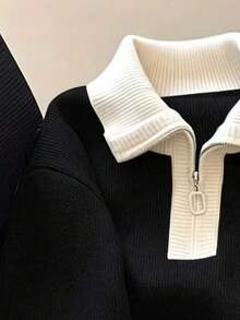 Zip-Up Long Sleeve Knit Cardigan, Versatile Knit Sweater Black Fall - Black - View 3