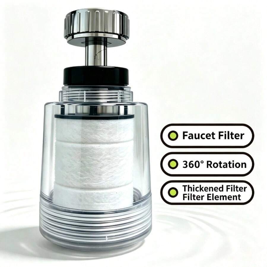 這款水龍頭濾水器適用於大多數標準水龍頭接口，無需複雜工具即可快速手動安裝與拆卸。採用透明外殼設計，方便您視覺監控濾芯使用狀況並及時更換。支持 360 度自由旋轉，可靈活調整出水角度以滿足不同使用場景，濾芯更換過程便捷