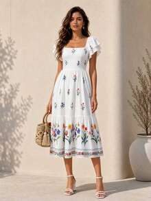 White French Elegant Floral Print Square Neck Ruffle Sleeve Tiered Midi Dress, Modest High Waist A Line Vacation Beach Summer Long Dress For Women - White - View 6