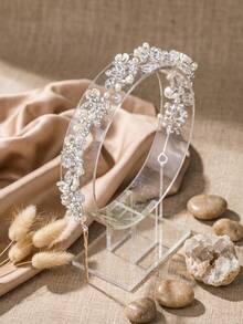 1pc Floral Crystal Pearl Bridal Headband, Handmade Wedding Tiara Hair Band With U Pins, Elegant Leaf Rhinestone Hair Accessory For Bride Wedding Party - Multicolor - View 5