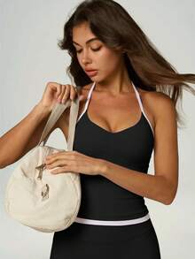 UONNOU 1pc Women's All-Season Spaghetti Strap Camisole, Shaping, Adjustable Straps, Removable Padding, Sporty Style, Black, Summer - Black - View 11