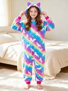女童彩虹星空猫耳睡衣连体裤 - 彩色 - 查看 4