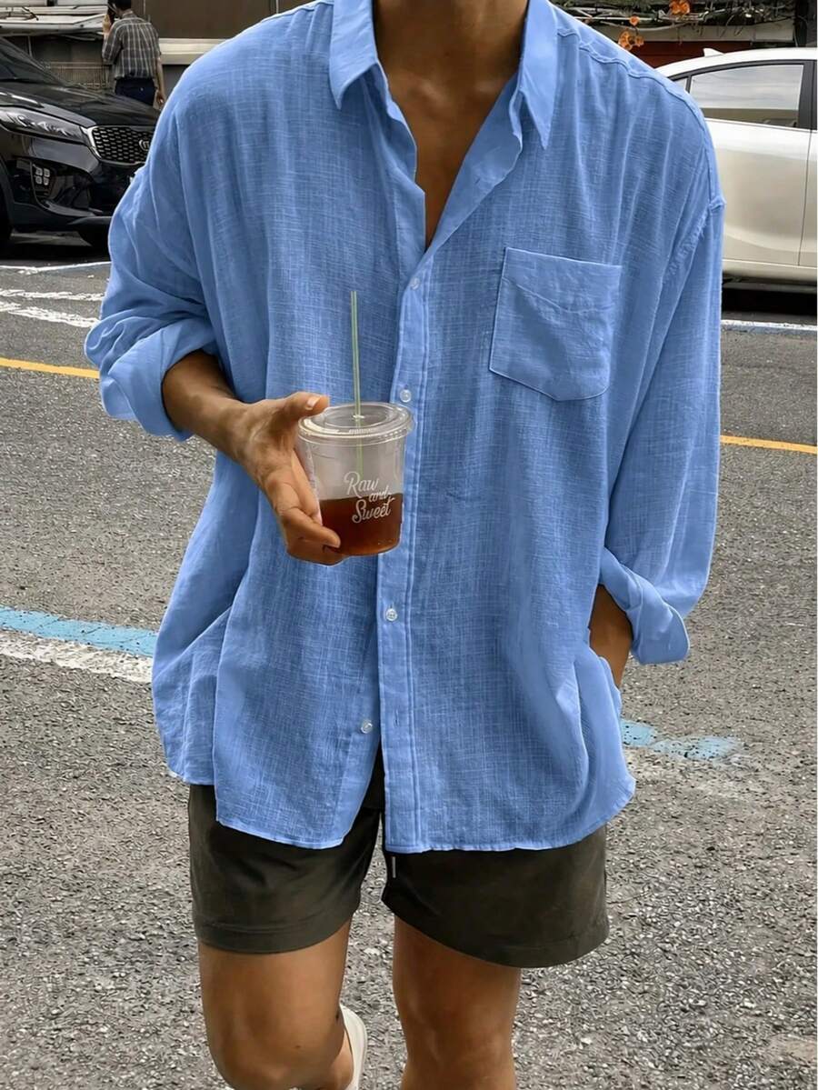 男士純色長袖單排扣口袋寬鬆休閒版型襯衫，秋季