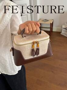 FEISTURE 1pc Colorblock Women's Box Bag, Fashionable Handheld Shoulder Crossbody Small Square Bag, Suitable For Girls, Women, College Students, New Professionals And Office Workers, Perfect For Work, Business, Commute, School - Coffee - View 1