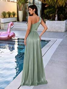 Elegant Autumn Pleated Satin One-Shoulder Ruffle High Slit Maxi Bridesmaid Dress, Suitable For Women's Winter Wedding Guest Party Ball Holiday Outing - Mint Green - View 3