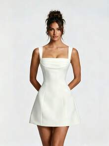 White Adjustable Shoulder Strap Back Tie Waist A-Line Flare Mini Dress - White - View 2