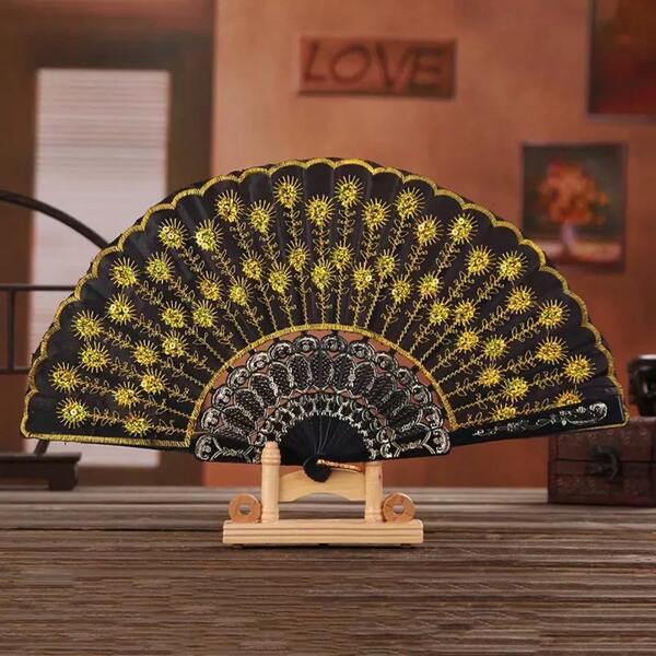 1pc Colorful Embroidered Flower Peacock Pattern Sequin Spanish Fan, Handheld Chinese Folding Fan, Suitable For 1920s Women's Dance Costume, Embroidered Sequin Spanish Flamenco Gift, Photo Prop, Party, Wedding Decoration