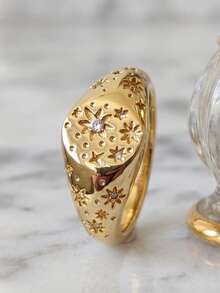 Vintage Gold Starburst Signet Ring With CZ Stone Celestial Jewelry For Women Gold Tone Celestial Engraved Signet Ring Star Pattern Stackable Band Ring - Gold - View 4
