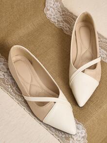 Pointed Toe Low Vamp Bow Flat Shoes, Delicate Satin Texture Soft And High-End, Versatile Shoes. - Beige - View 2